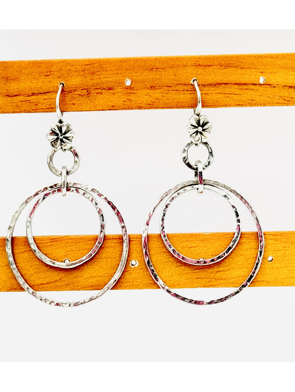 Sterling silver flower at ear with hammered rings pierced hook/dangle earrings